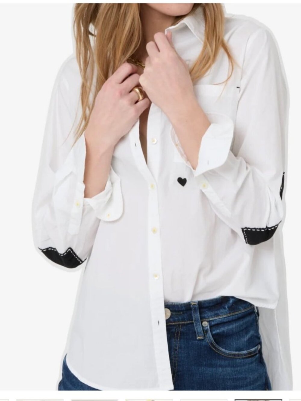 Kerri Rosenthal Mia Shirt Heart Elbow Patch Cotton Poplin Shirt L Preppy Chic